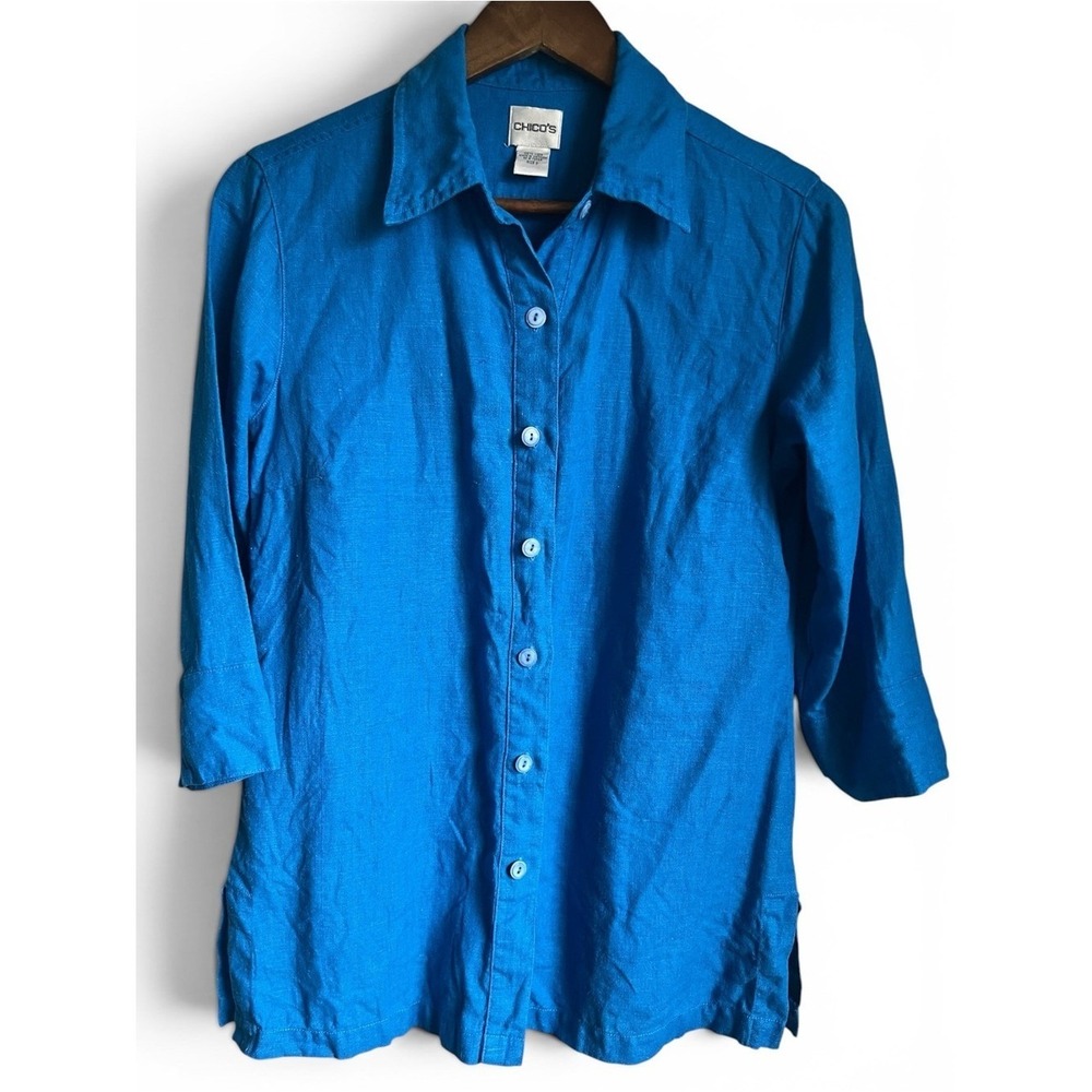 Chicos Linen Button Up Shirt Women Small 3/4 Sleeve Blue Coastal Resort Vacation